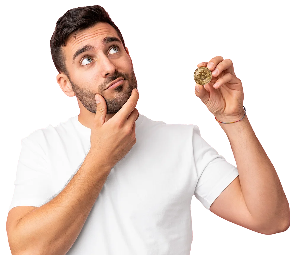 Man Holding Bitcoin – white shirt